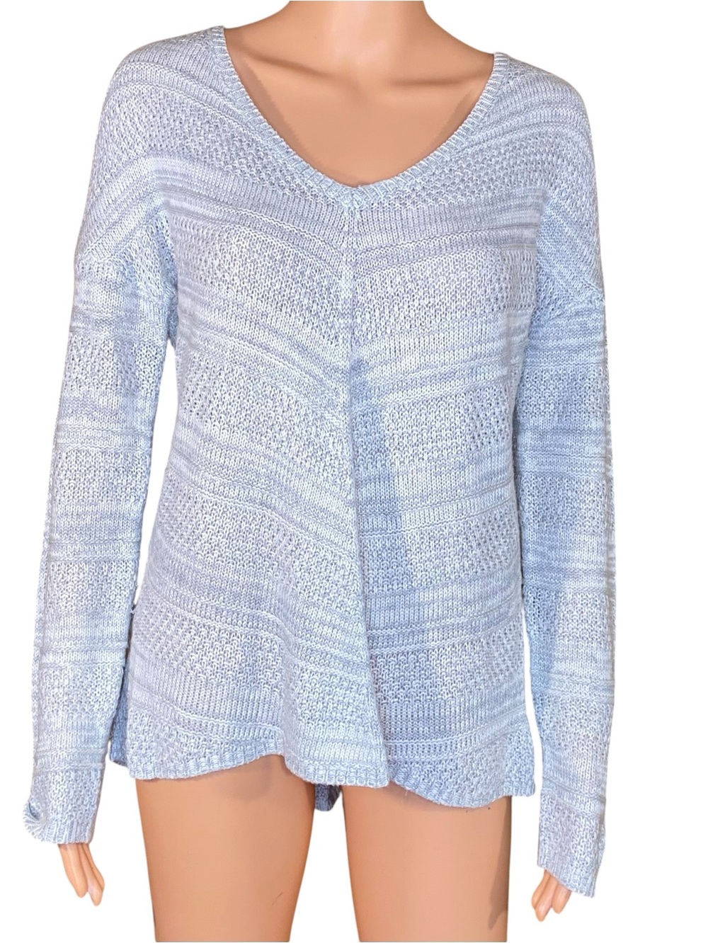 Pink Rose Oversized Pullover Knit Sweater V- Neck Blue Cream Subtle Texture SZ L